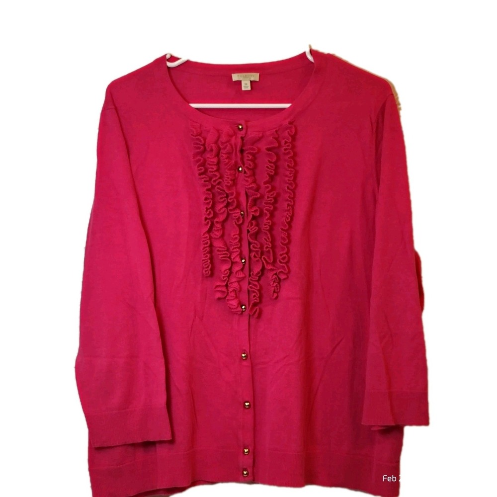 Talbots Womens Cardigan 3X Pink Ruffle Gold Button Preppy Academia Old Money